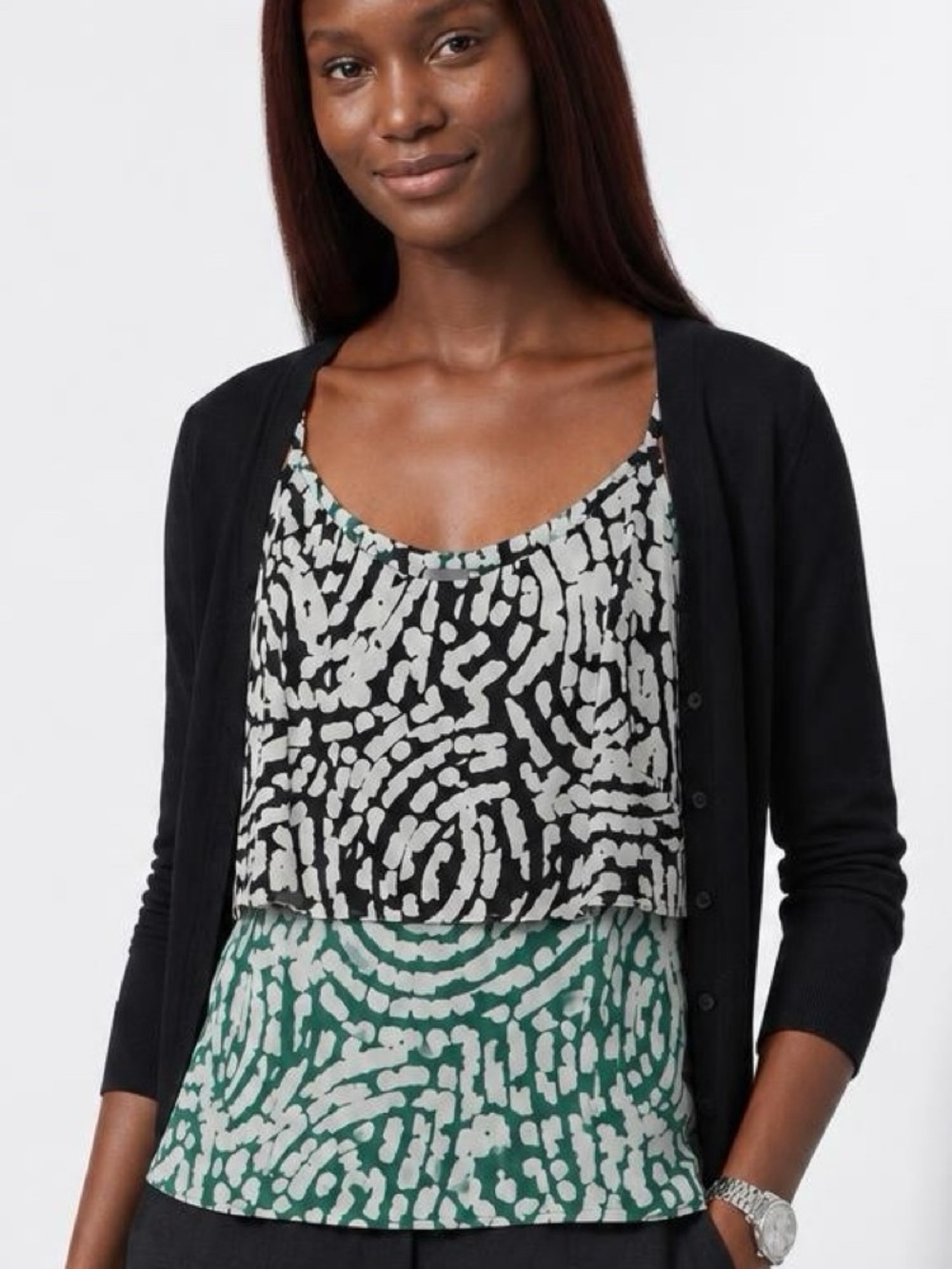 Cabi Layered Abstract Print Sleeveless Blouse XS Green Black